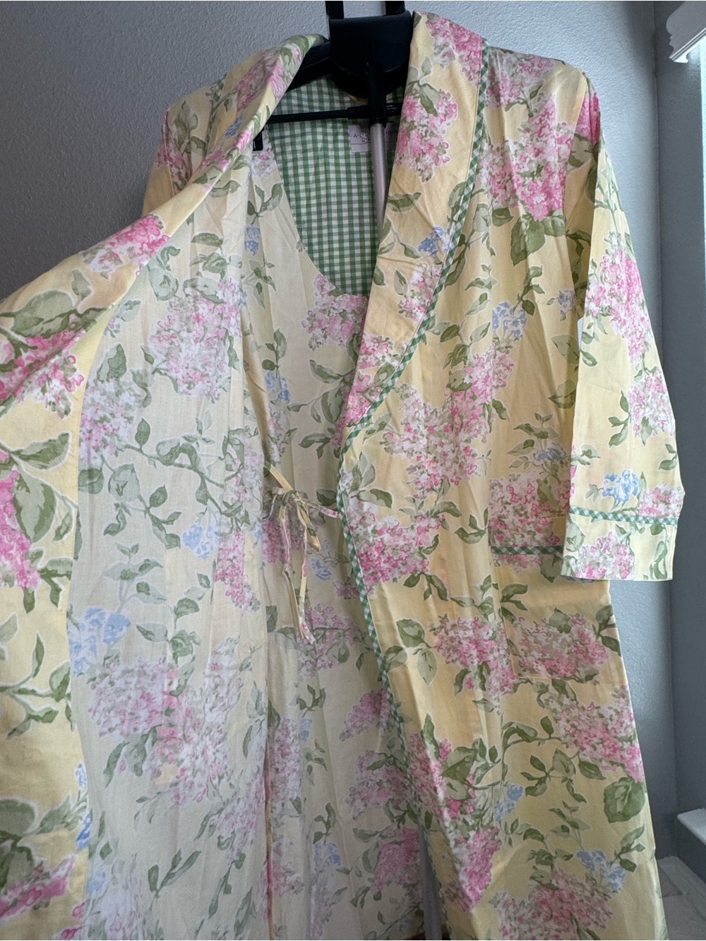 Yellow and Pink Floral 100%Cotton Robe with Hydrangea Print - Picture 7 of 8